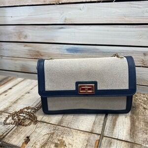 Miniso Crossbody Bag Navy Cream Canvas Chain Shoulder Purse Preppy Retro